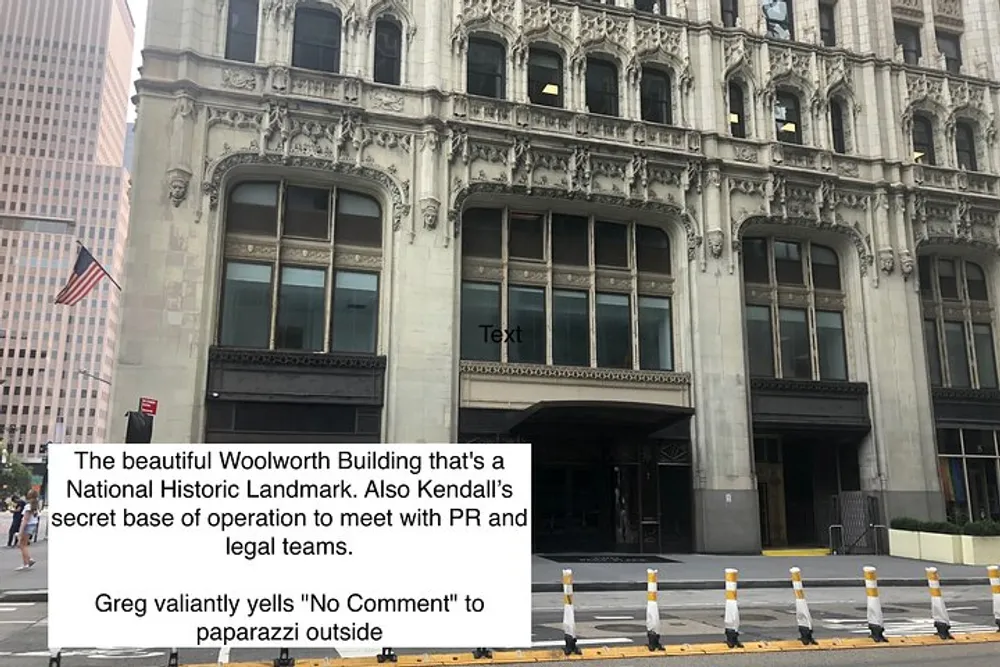 The image shows a street view of the historic Woolworth Building with added humorous text suggesting a narrative of someone named Kendall using it as a meeting place and someone named Greg interacting with paparazzi