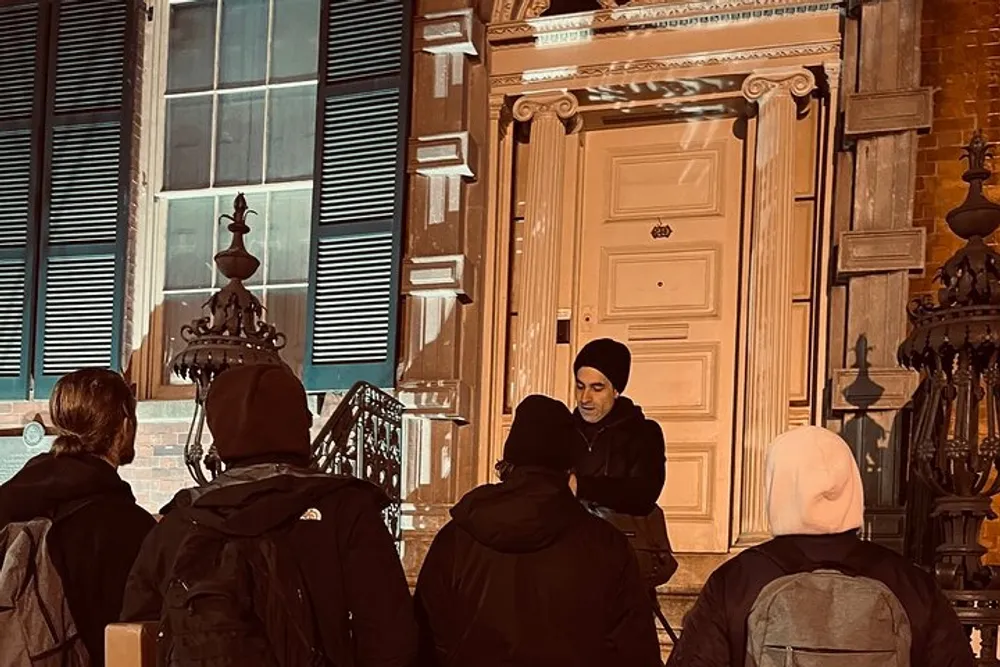 A person in a beanie is engaging with a group of people in front of an ornate doorway with a vintage lamp and shutters