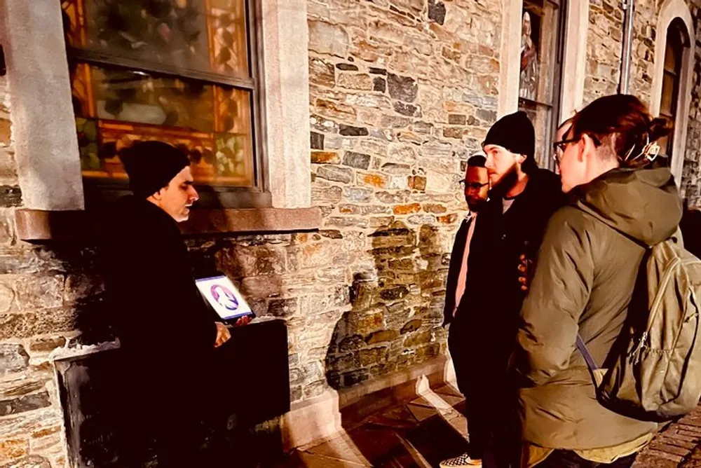 Three individuals are engaged in a nighttime conversation by a stone building with one person seated and holding a digital device displaying a colorful circular graphic