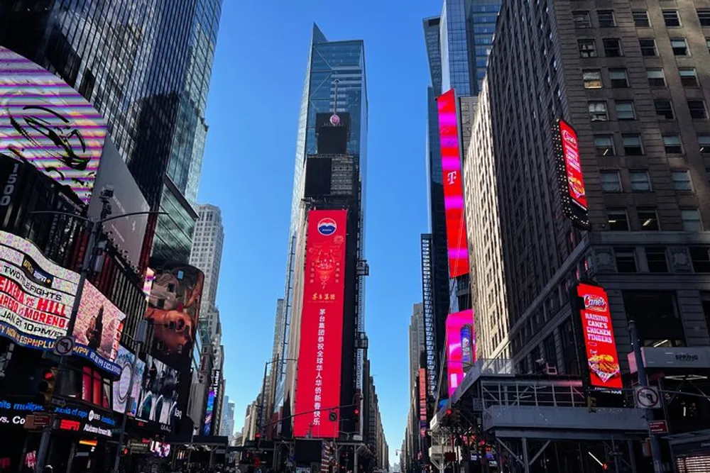 The image shows a sunny day in Times Square New York with its iconic electronic billboards and towering buildings under a clear blue sky