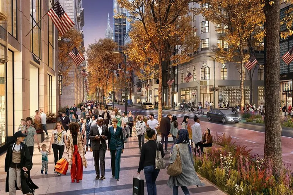 This is a vibrant urban scene depicting people walking along a tree-lined street with American flags suggesting it may be set in a bustling city in the United States