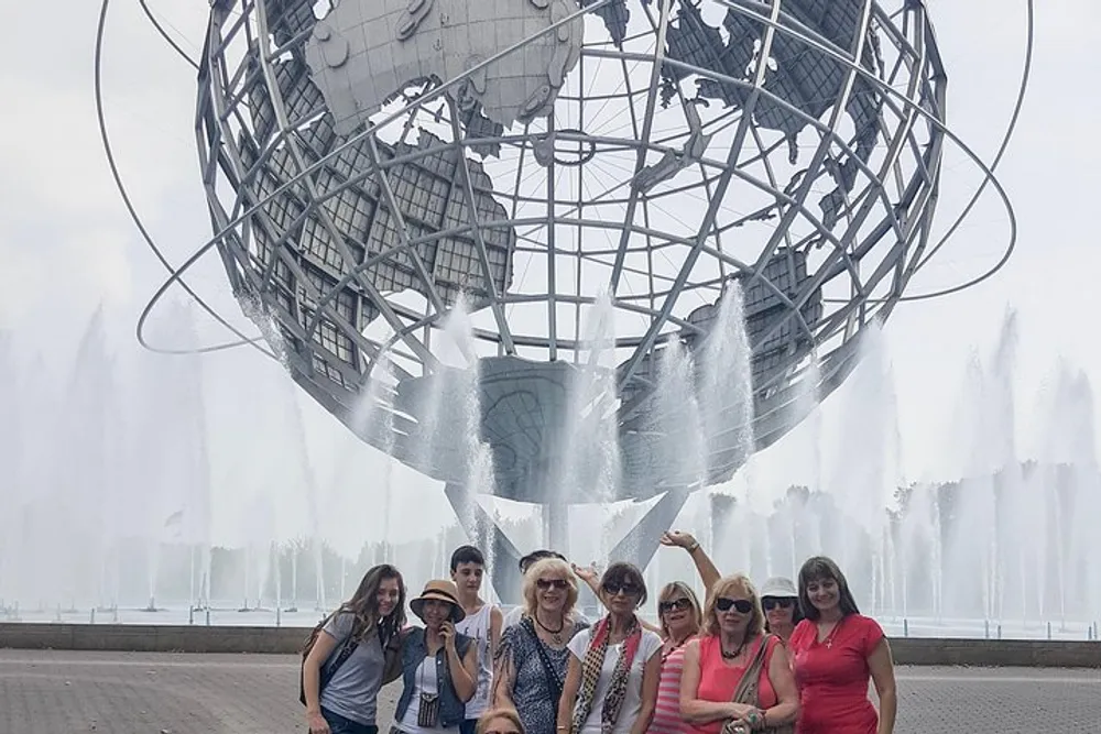A group of people poses for a photo in front of the iconic Unisphere with fountains spraying water in the background