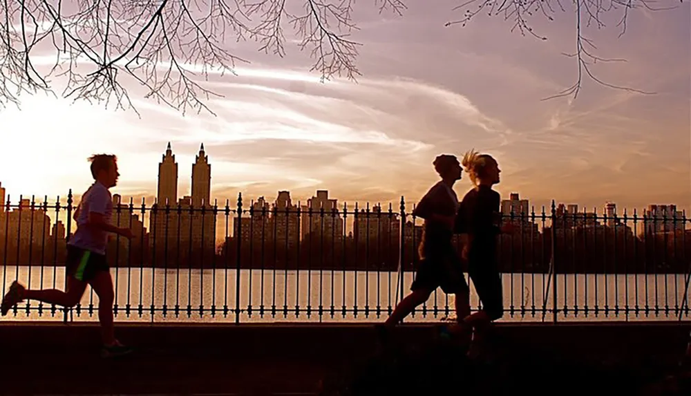 The image depicts people jogging and walking along a fence by a body of water during a colorful sunset with silhouetted buildings in the background