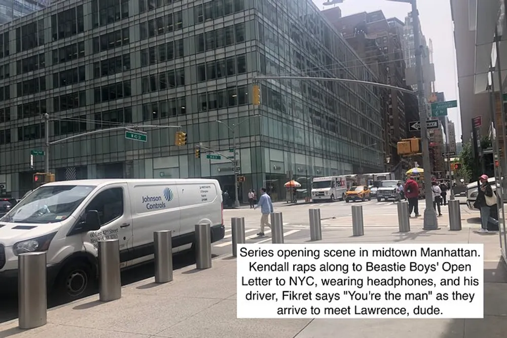 This image displays a city street scene in midtown Manhattan with vehicles and pedestrians and an overlaid text describing a scene from a TV series where a character named Kendall is rapping to a song while his driver Fikret compliments him as they go to meet someone named Lawrence