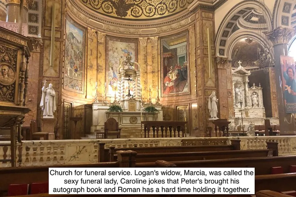 The image shows the ornate interior of a church with altarpiece frescoes and statues while a descriptive caption at the bottom provides context about a funeral service and characters reactions