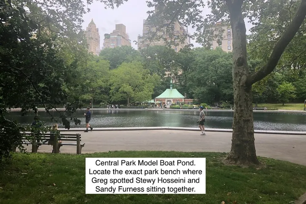 This image shows the Central Park Model Boat Pond in New York with people enjoying the outdoors featuring a pond greenery and city buildings in the background