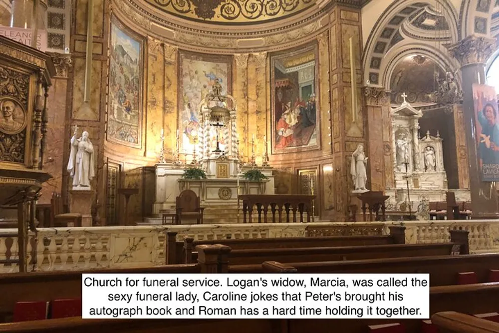 The image shows the interior of a richly decorated church with captions referring to a fictional funeral service and characters reactions from a story or show