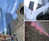 The image showcases a vibrant urban scene with the iconic One World Trade Center towering in the background adjacent to distinctive architecture and a colorful mural under a clear blue sky