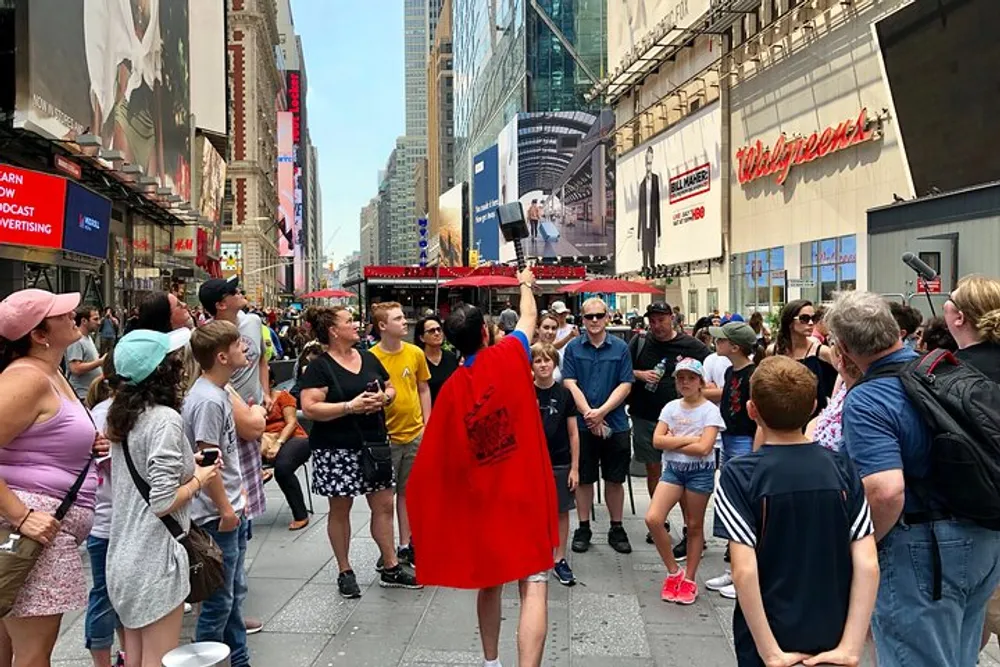 A diverse crowd of people is gathered on a sunny day at a busy urban intersection where an individual in a red cape is holding up a speaker possibly addressing or entertaining the onlookers