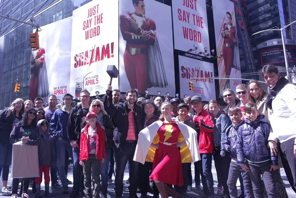 A group of people including one dressed in a Shazam costume pose for a photograph in front of promotional banners for the movie Shazam