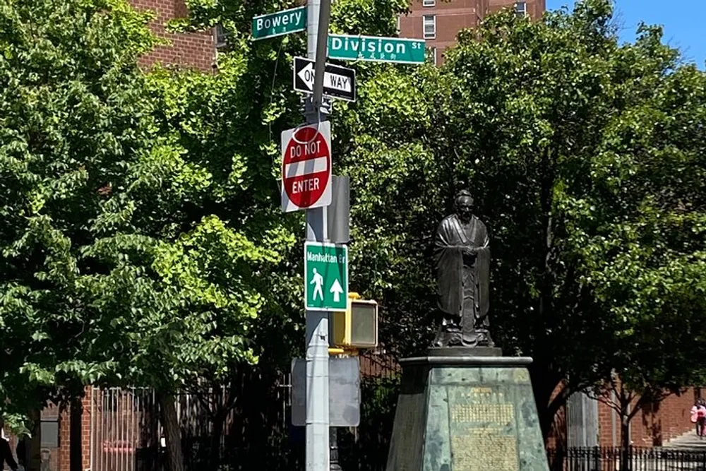 The image features a collection of street signs at an intersection with a statue in the background surrounded by lush green trees