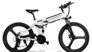 This image shows a modern white electric bicycle with bold black lettering, featuring a sleek design with thick tires and a solid rear wheel.