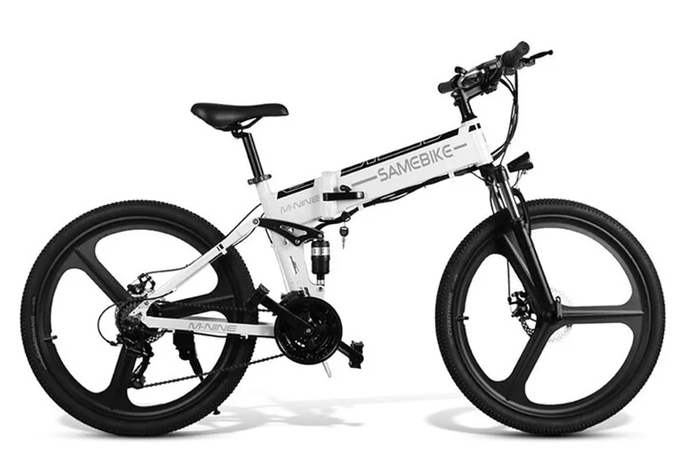 This is an image of a modern white electric bicycle with a full suspension system and black disk wheels branded under the name SAMEBIKE