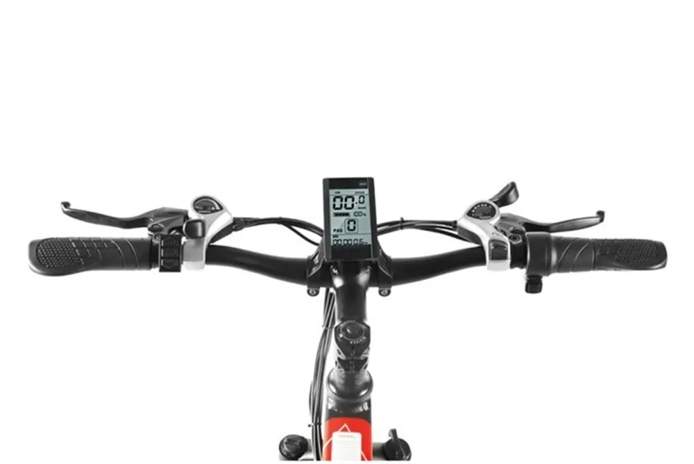 The image shows the handlebars of a bicycle equipped with brake levers grips and a digital display unit all captured against a white background