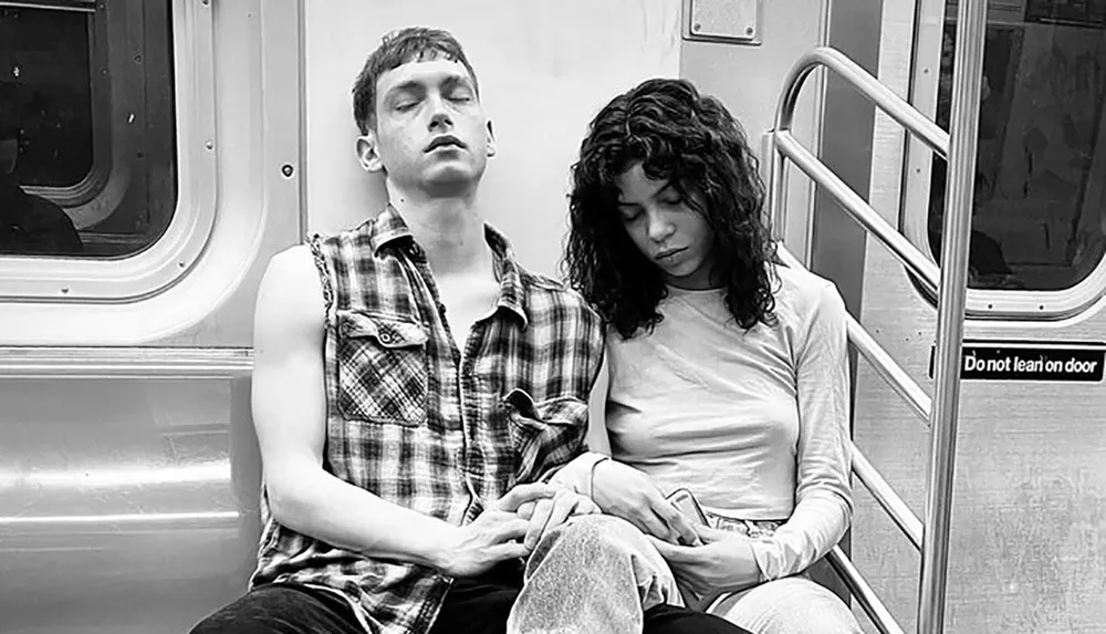 Two people are resting against each other seemingly asleep on a subway train