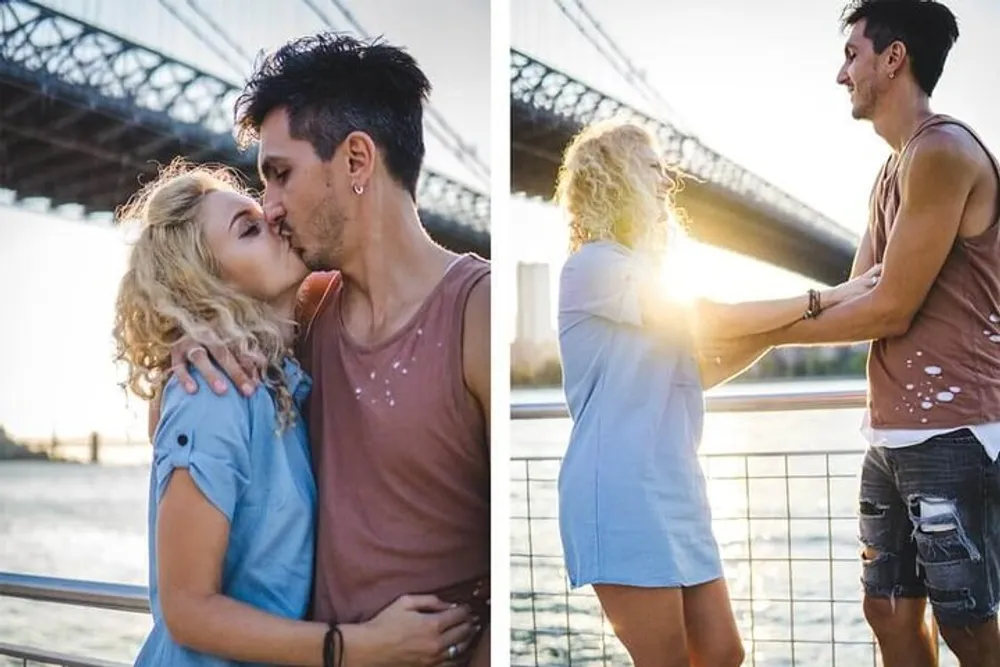 The image is a diptych featuring a couple in a romantic embrace on the left and holding hands while facing each other with a sunset between them on the right