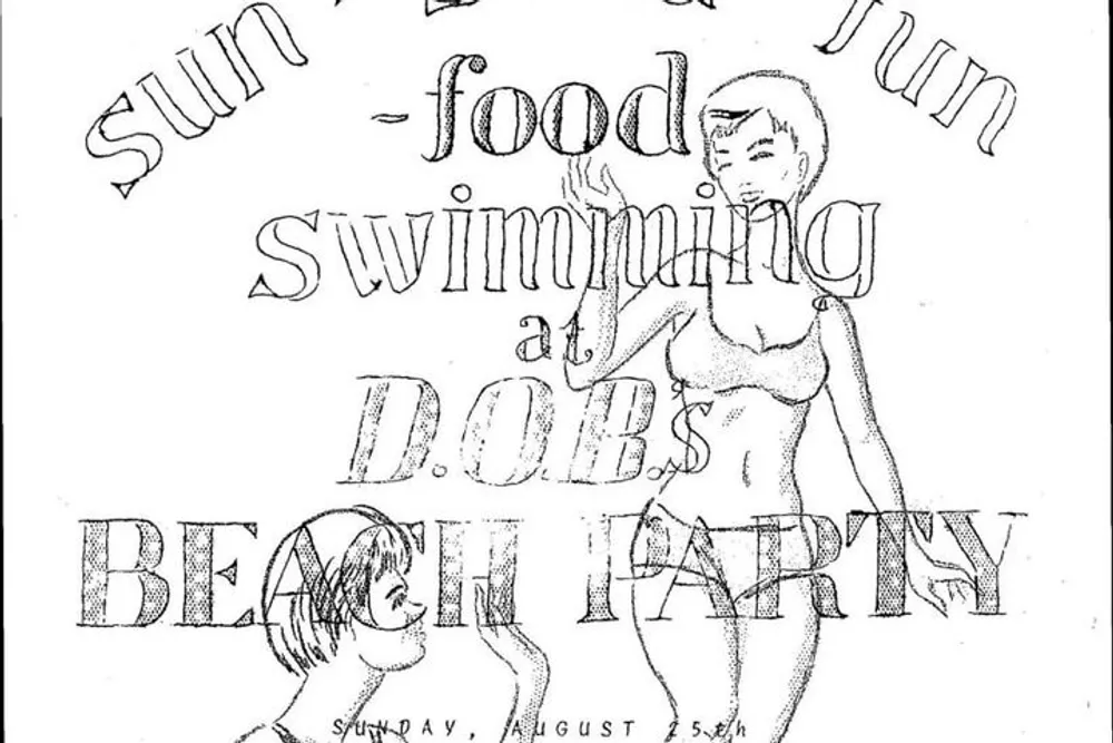The image shows an invitation or flyer for a beach party featuring words like sun food fun swimming and the date Sunday August 25th with a drawing of two people one standing and one with just the head visible looking upwards