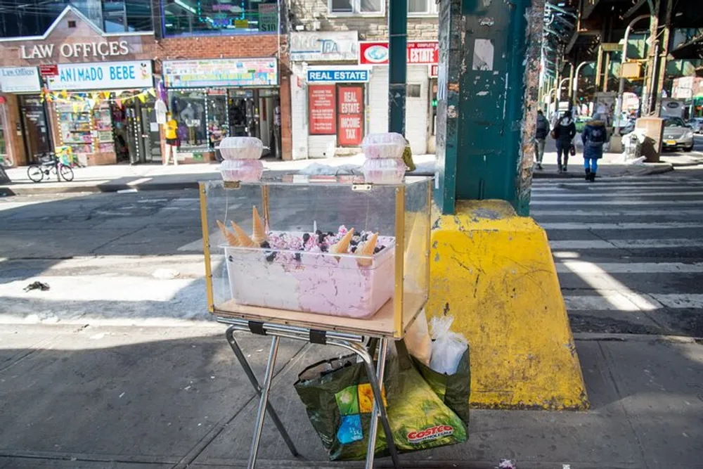 A street vendors cart with bags of cotton candy and candy apples is parked on a busy urban sidewalk