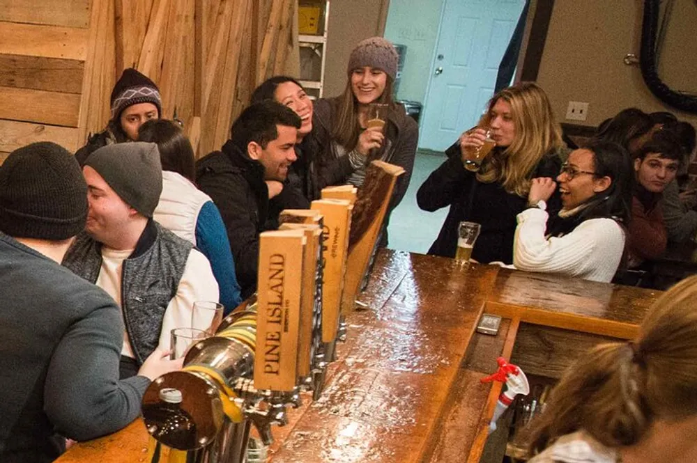 A group of people are enjoying each others company at a cozy bar with wooden interiors and beer taps visible in the foreground