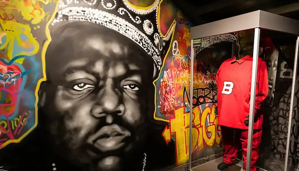 This image shows a large monochromatic mural of a person wearing a crown next to which is a vibrant display of graffiti and a glass case holding a red jacket with the letter B on it