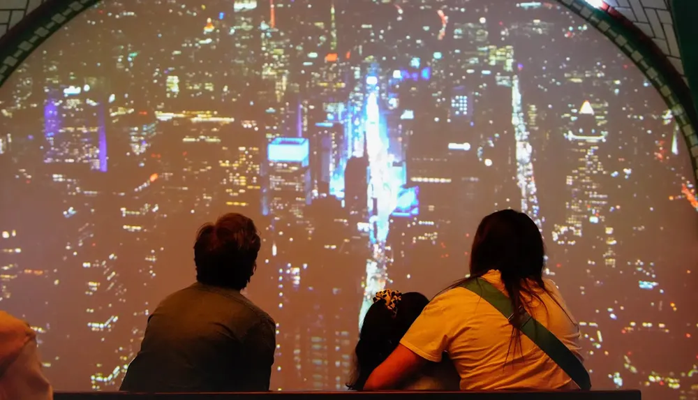 Two people are sitting in front of a large screen displaying a vibrant cityscape at night