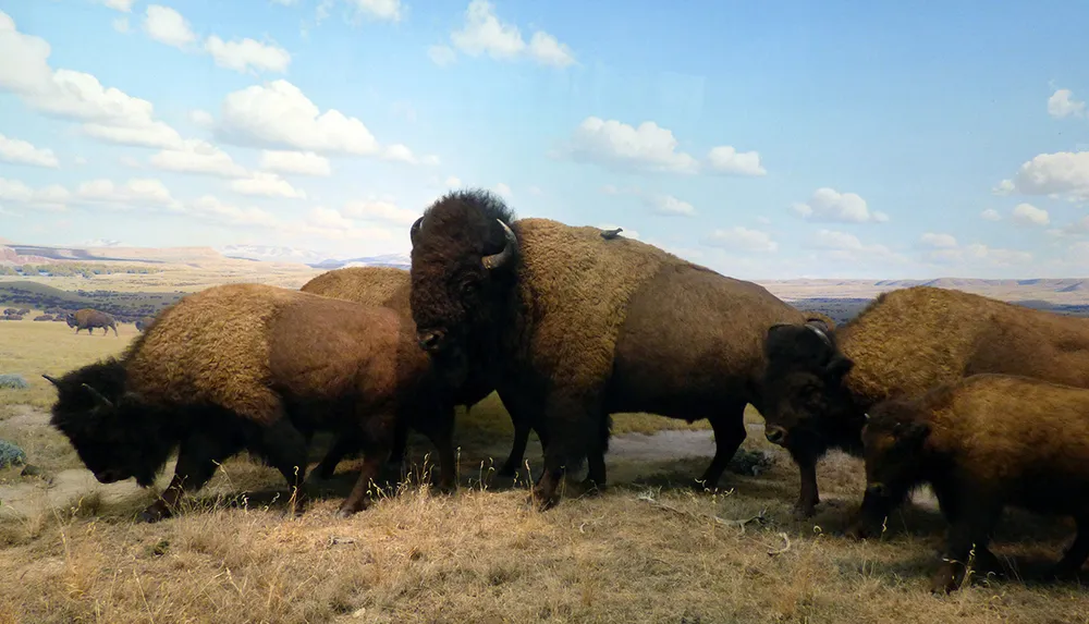 A group of American bison is depicted grazing on a grassy plain with a scenic backdrop of rolling hills and a blue sky dotted with clouds
