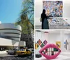 The image shows the Solomon R Guggenheim Museums distinctive architecture with its spiral ramp and white facade with pedestrians and a yellow taxi on the street in front of it