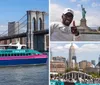 A colorful tourist boat passes in front of the Brooklyn Bridge with passengers on deck set against a backdrop of Manhattans skyline