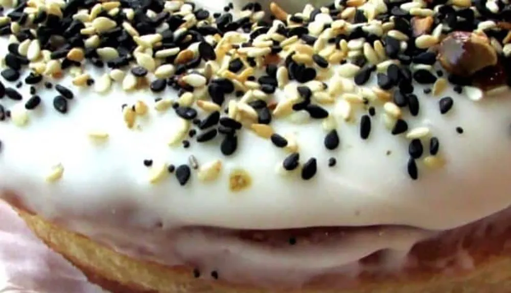 This image shows a close-up of a doughnut topped with white icing and sprinkled with an assortment of seeds