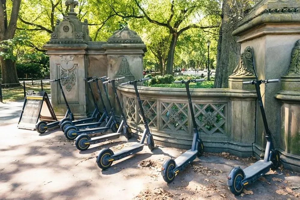 A row of electric scooters is neatly parked by an ornate stone railing in a sunny park setting