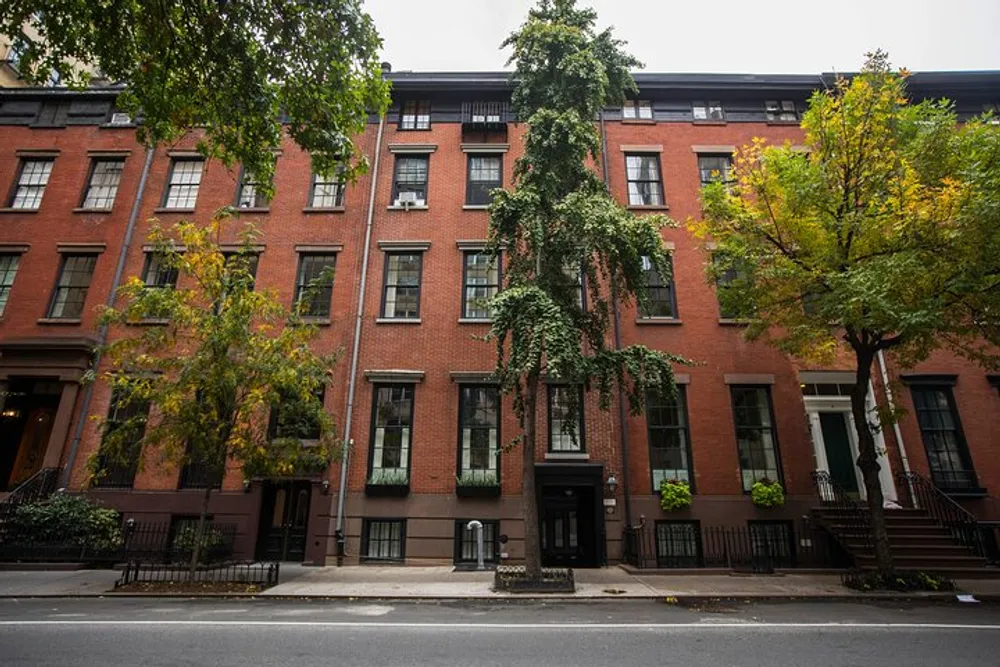 The image shows a row of red-brick townhouses with large windows one of which is covered with green ivy situated on a tree-lined urban street