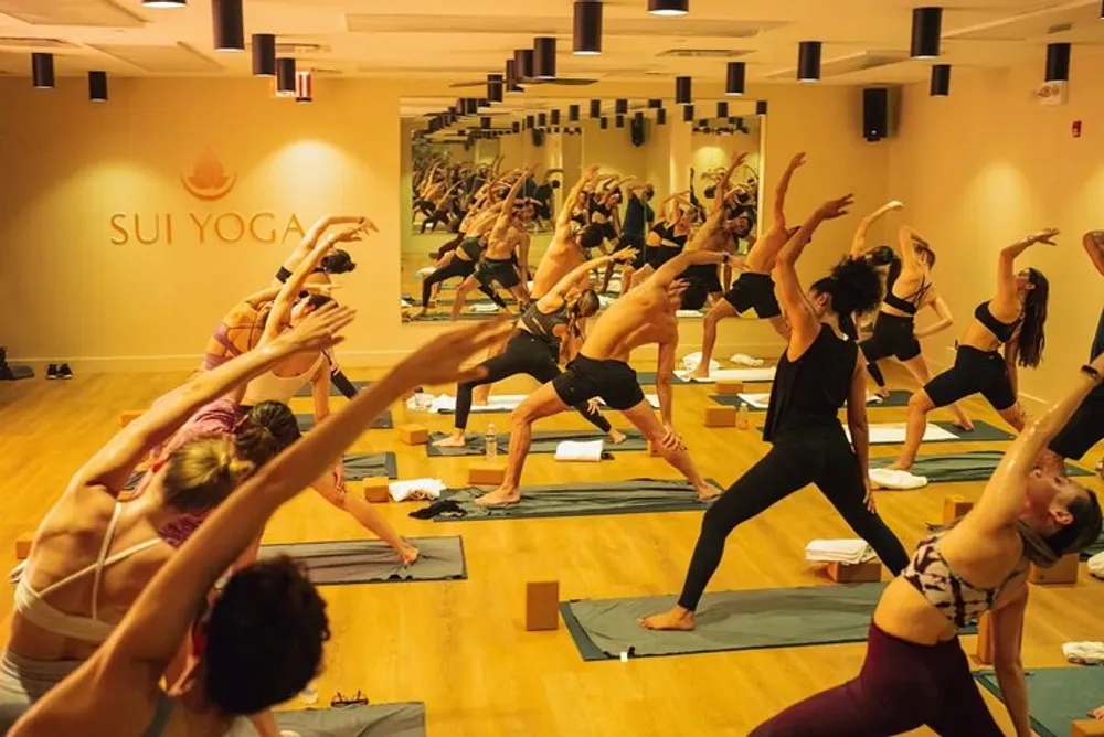 A group of people are practicing a yoga pose in a studio