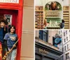 A person is taking a photo of two smiling individuals posed playfully in a red telephone booth decorated with Harry Potter themed posters