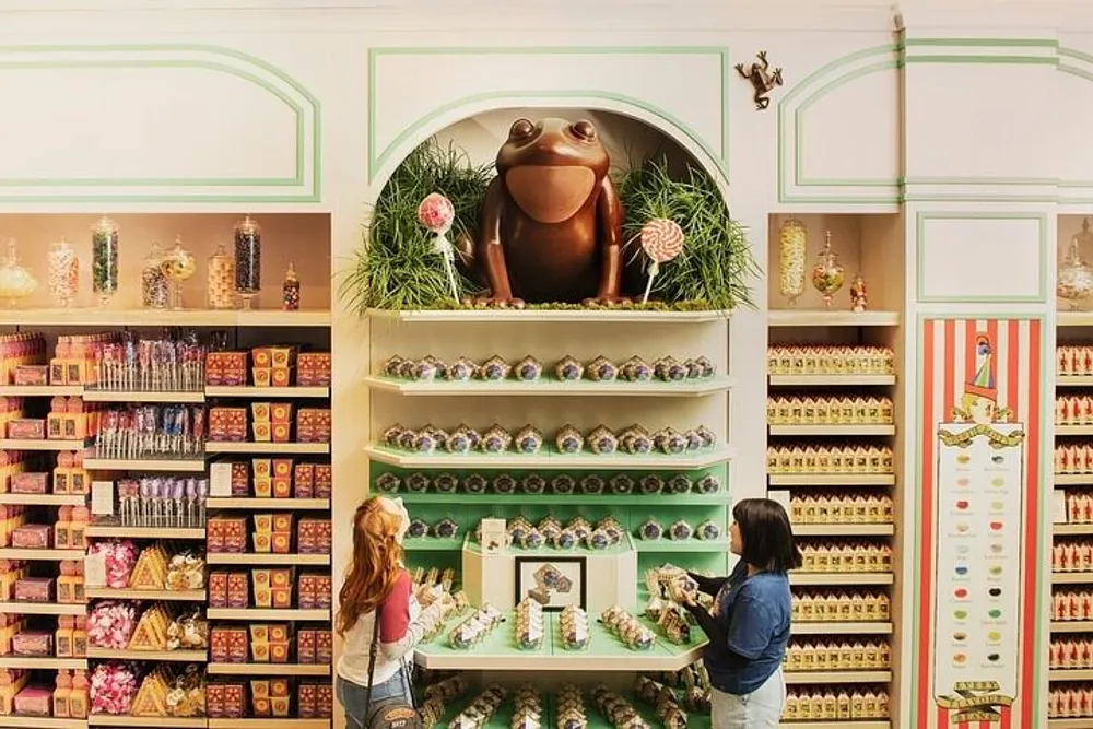 Two customers are browsing a whimsical candy shop with colorful packages and a large decorative frog in an alcove above the shelves