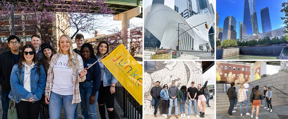 The image is a collage of four different photos featuring a group of smiling people holding a flag contemporary architecture a city skyline and another group of people in an outdoor setting