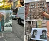 A person is posing with an open book that shows a photo of an individual wearing a New York City shirt seemingly standing in front of the same building that appears in the background