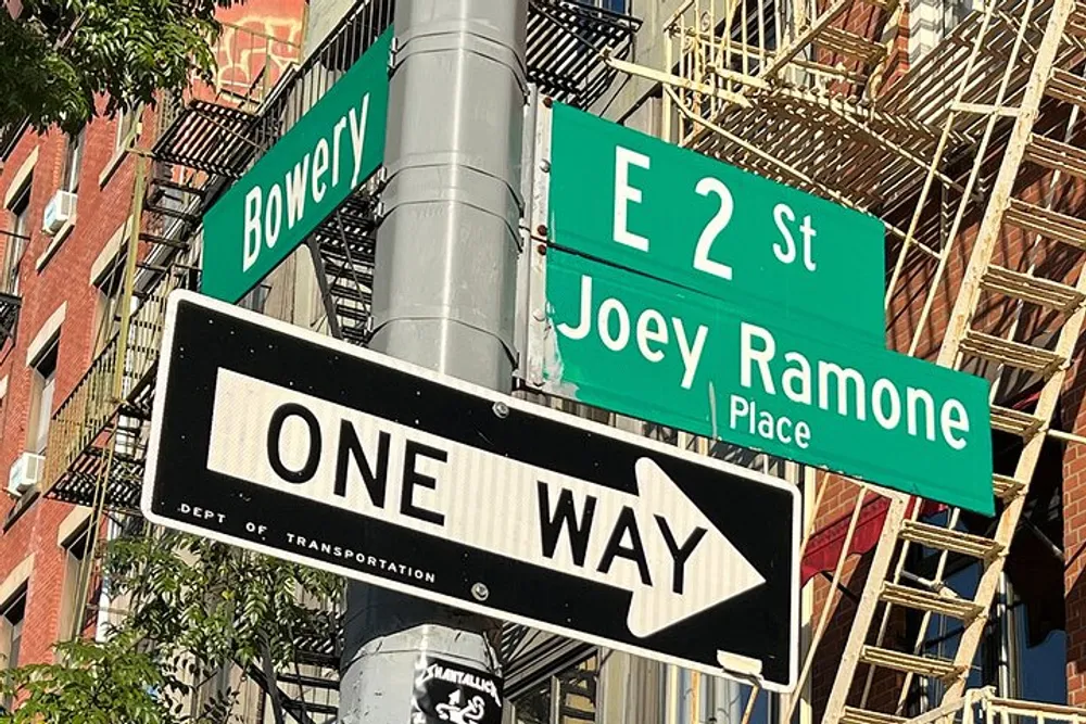 The image shows a series of street signs including Bowery E 2 St and Joey Ramone Place above a ONE WAY traffic sign on a sunny day with a portion of a building and scaffolding visible in the background