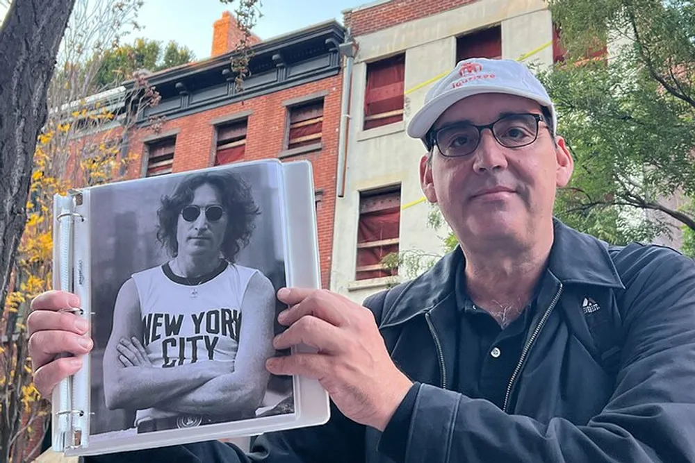 A person is holding a book open to a page with a black-and-white photo of someone wearing sunglasses and a New York City T-shirt