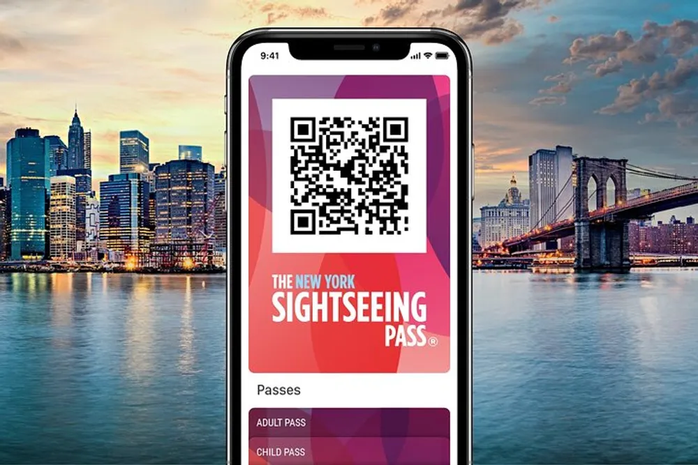 A smartphone displays a New York Sightseeing Pass with a QR code on the screen superimposed on a background featuring a city skyline at dusk