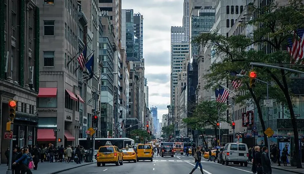 The image depicts a bustling New York City street with pedestrians yellow taxis and American flags fluttering on buildings encapsulating the vibrant urban life of the city