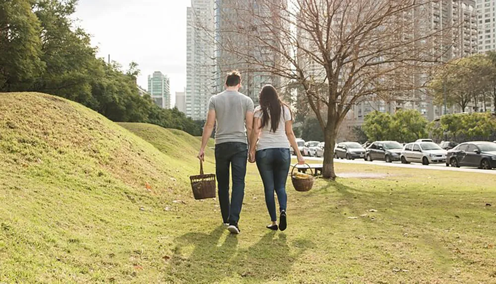 A couple is walking hand in hand through a grassy area with picnic baskets with a backdrop of urban buildings and parked cars