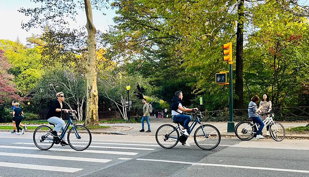 Two cyclists ride alongside each other on a city crosswalk with pedestrians and a runner nearby against a backdrop of greenery and trees