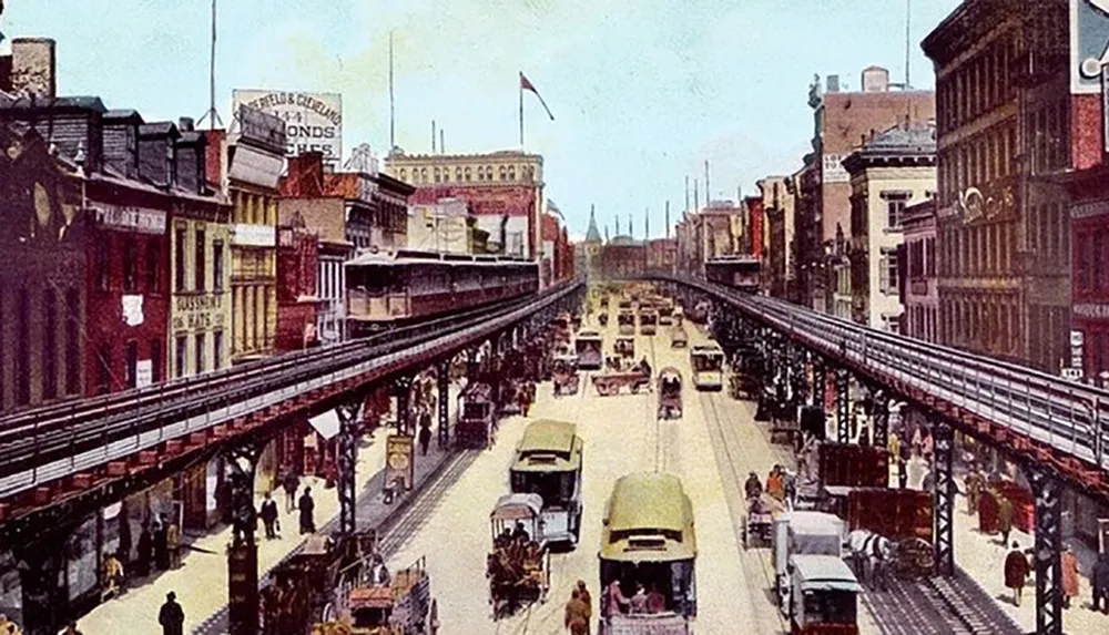 The image depicts a bustling early 20th-century street scene with an elevated train track horse-drawn carriages and vintage automobiles showcasing a vivid snapshot of urban life during that era