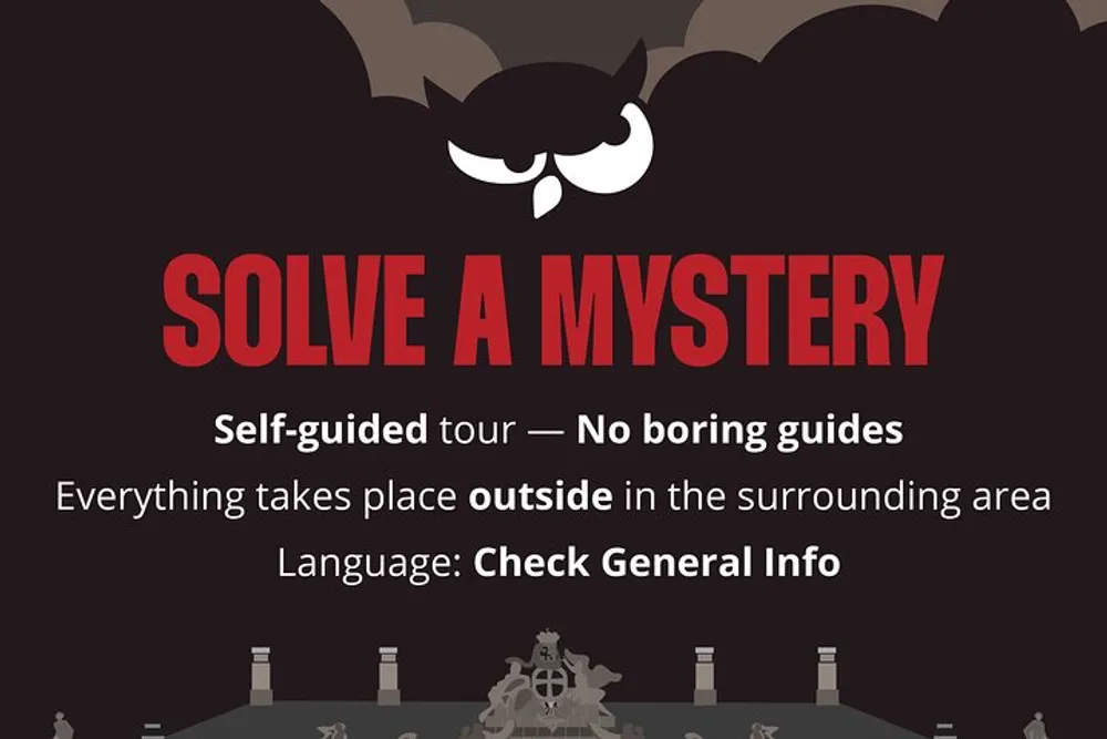 An advertisement for a self-guided outdoor mystery tour that promises no boring guides suggesting an engaging experience