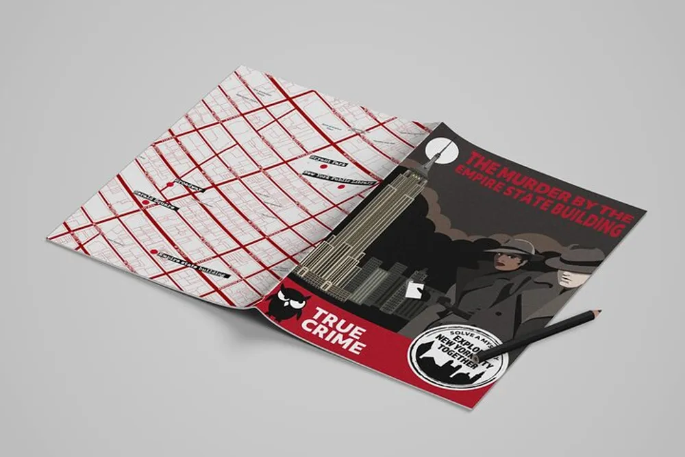 The image shows two book covers with a crime theme one featuring a graphic illustration of a murder mystery set at the Empire State Building and the other displaying a red and white crime scene tape design