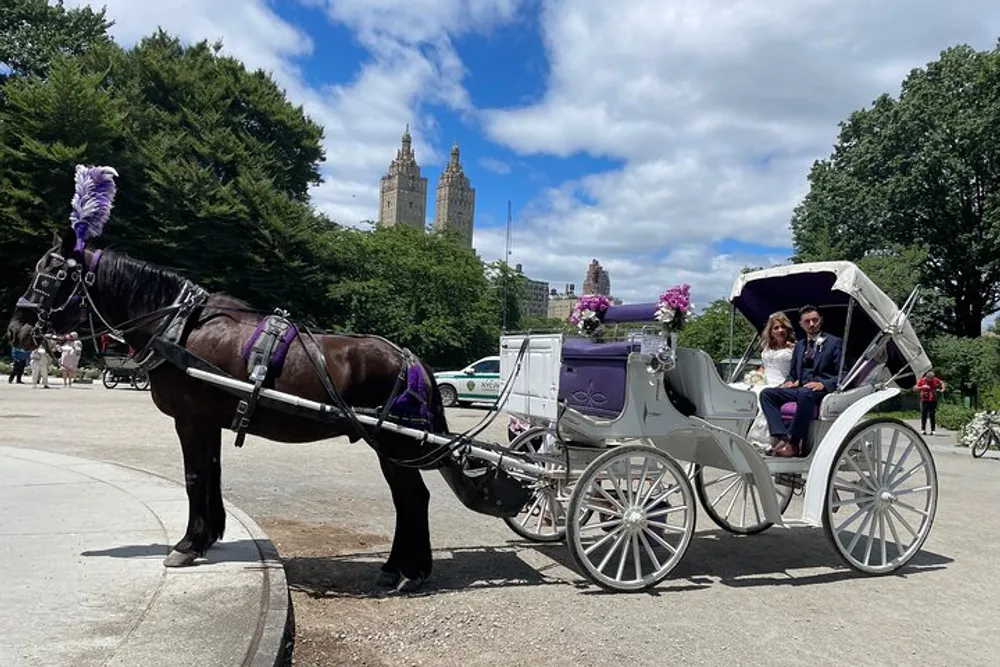 A horse-drawn carriage with passengers is parked on a path with tall buildings visible in the background under a partly cloudy sky