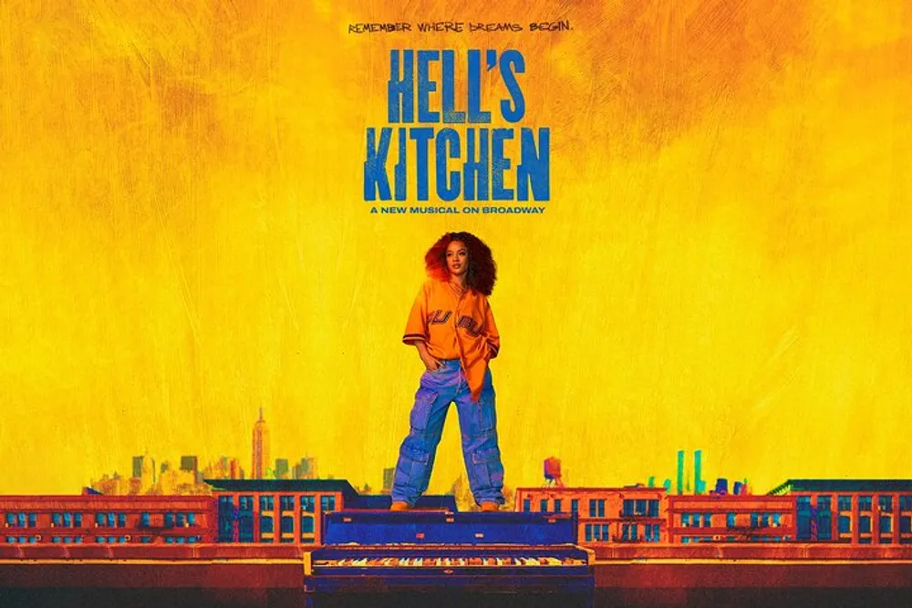 The image is a promotional poster for Hells Kitchen a new musical on Broadway featuring an individual standing on top of a building against a yellow backdrop with the New York City skyline in the distance