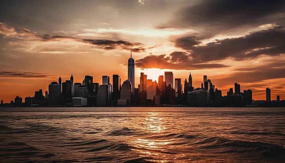 The image captures a dramatic sunset silhouette of a city skyline with skyscrapers against a vibrant sky reflected upon a body of water in the foreground