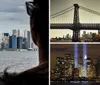 A persons silhouette in the foreground looks towards a cloudy Manhattan skyline featuring the One World Trade Center