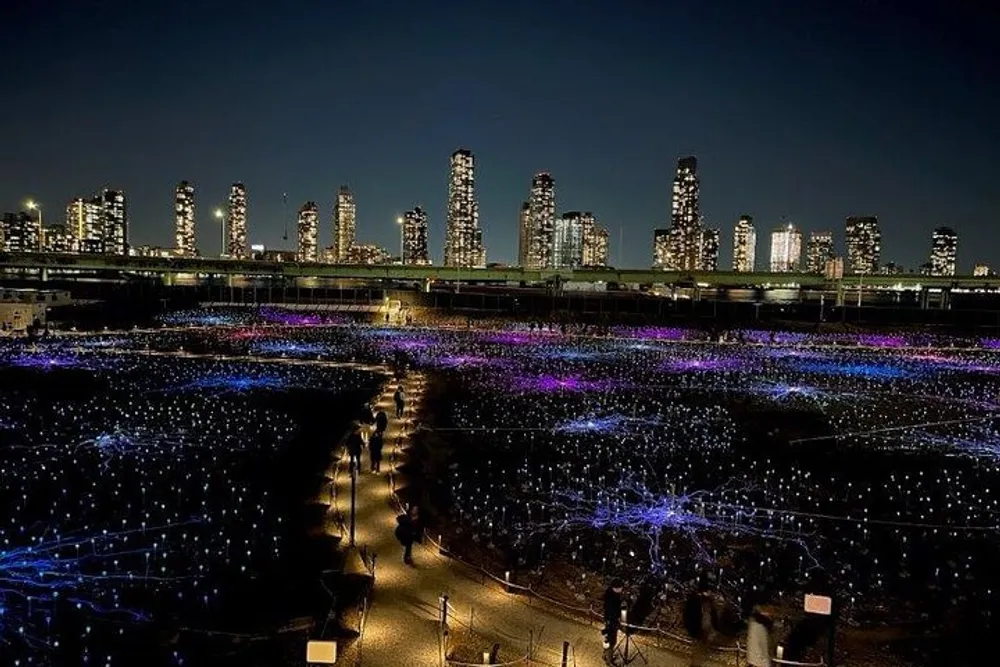 A nighttime cityscape with a dazzling field of purple and blue lights in the foreground likely an illuminated art installation with a backdrop of high-rise buildings glittering against the dark sky